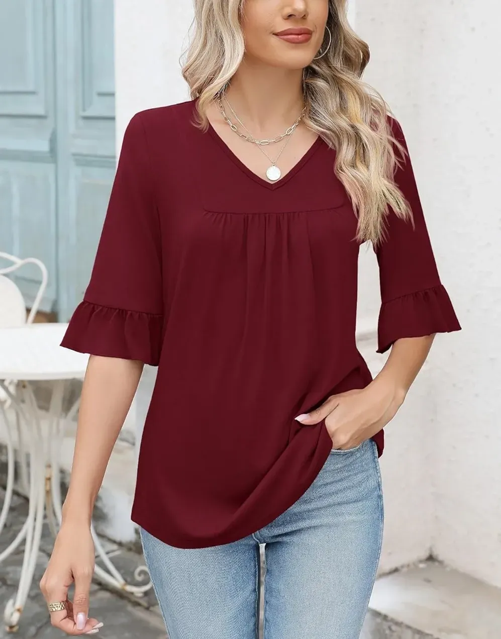 ✨WOMENS 3/4 LENGTH SLEEVE V-NECK CASUAL RUFFLE SLEEVE TUNIC BLOUSES