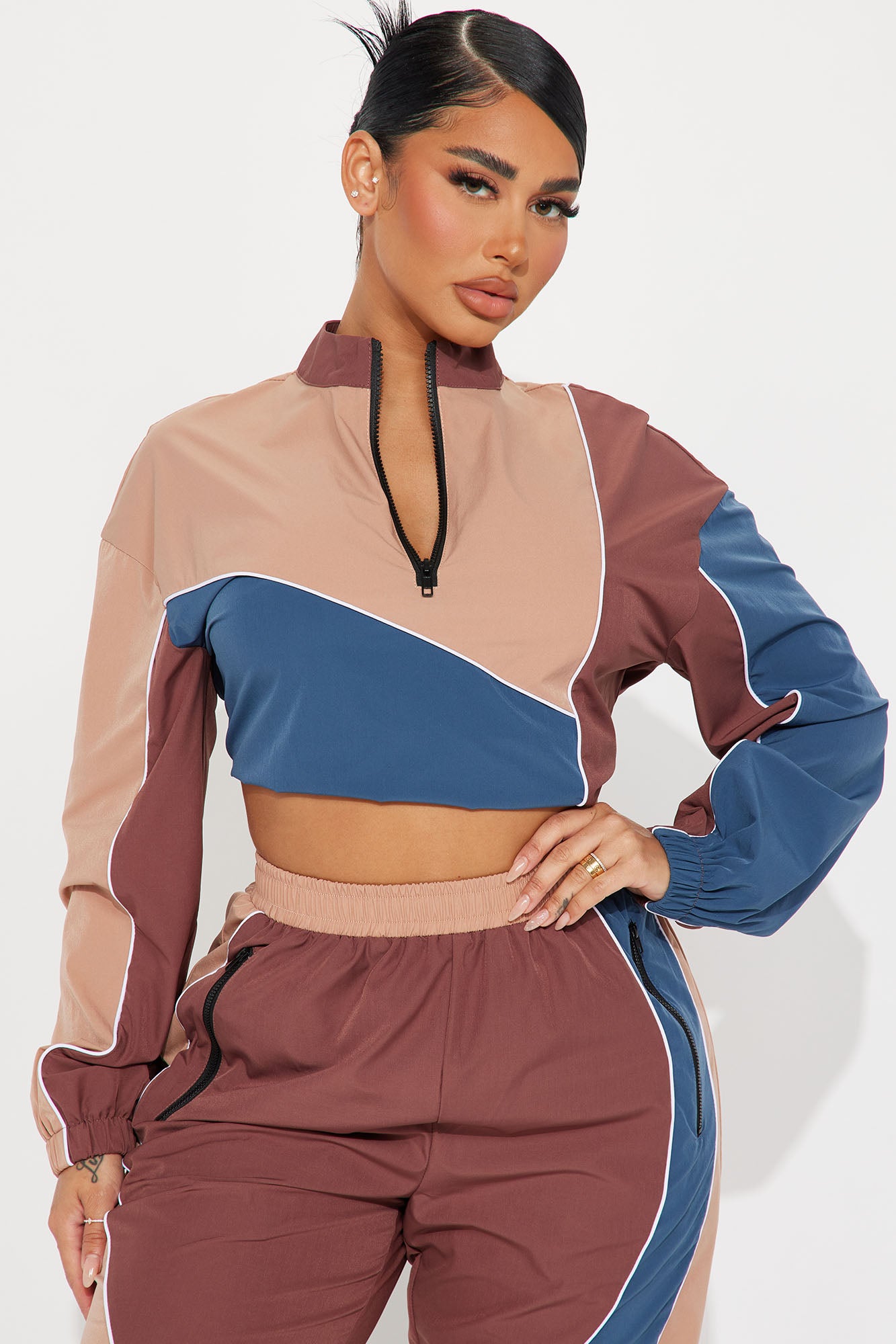 Andrea Windbreaker Jogger Set - Brown/combo