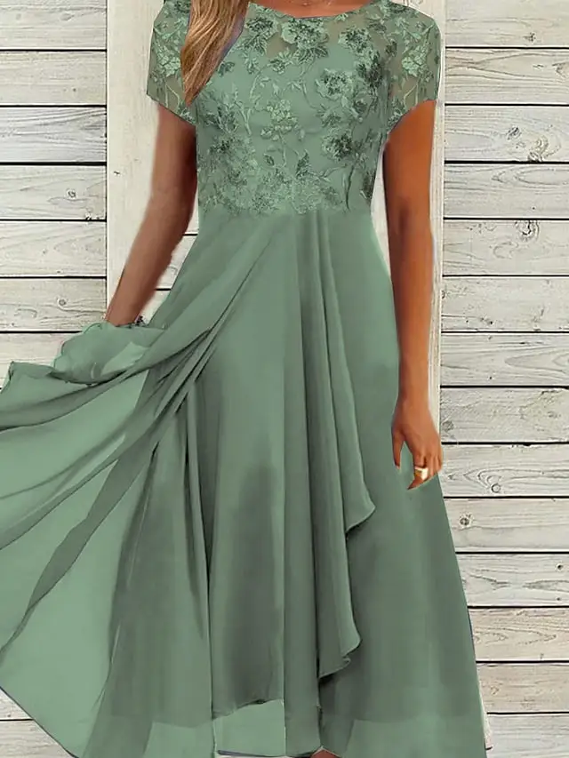 Women's Party Dress Swing Dress Midi Dress Green Light Grey Short Sleeve Embroidery Ruched Spring Summer Crew Neck Mature Party Wedding Guest 2023 S M L XL XXL 3XL
