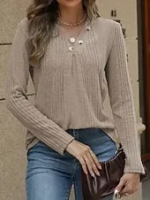 Women's T Shirt Casual Long Sleeve Regular Tops V Neck Daily Light Brown Blue Green Rose Pink Spring Fall