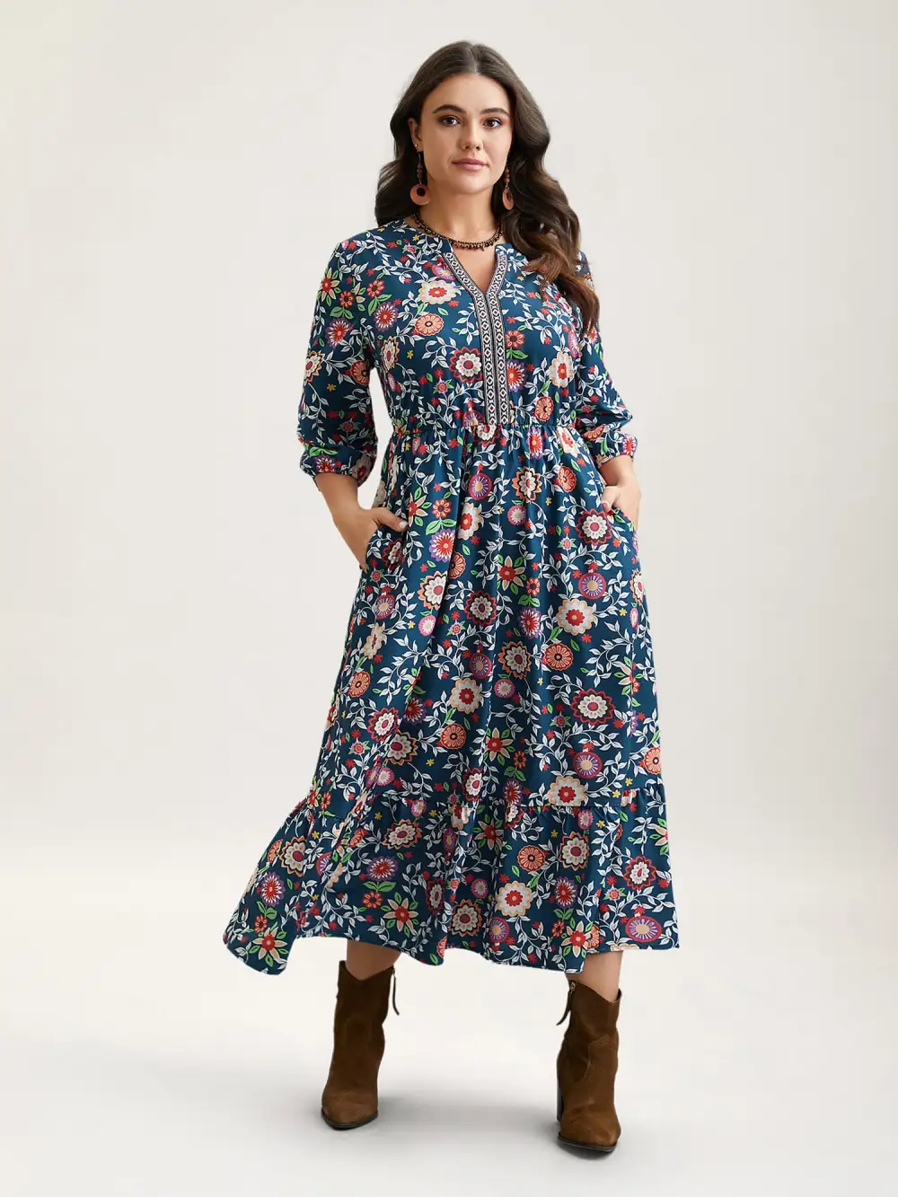 Floral Print Stretchy-Waist Pockets Maxi Dress
