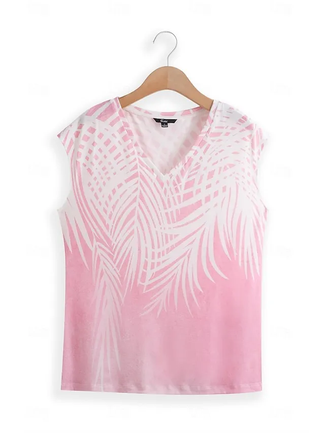 Women's T shirt Tee Leaf Print Vacation Tropical Hawaiian Short Sleeve V Neck White Summer