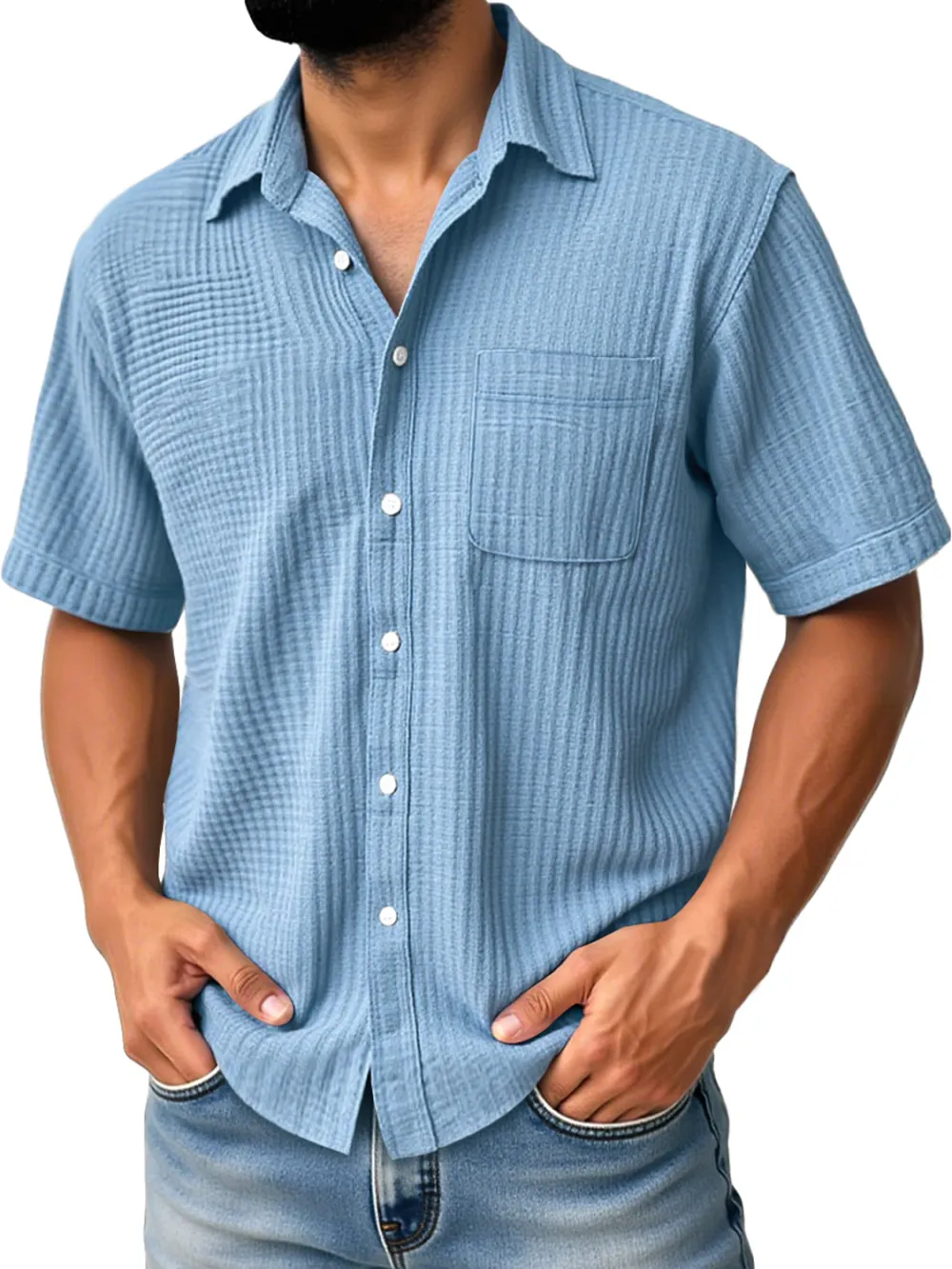 Men's Daily Casual Pleated Pocket Comfortable Solid Color Short Sleeve Shirt