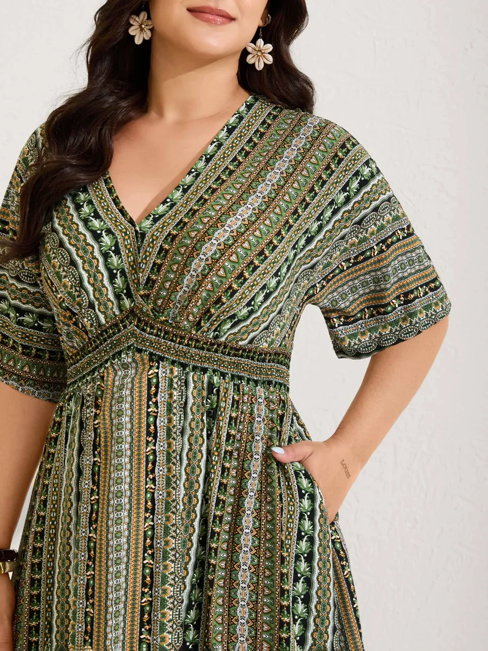 Striped Contrast Dolman Sleeve Shirred Pocket Split Flutter Dress