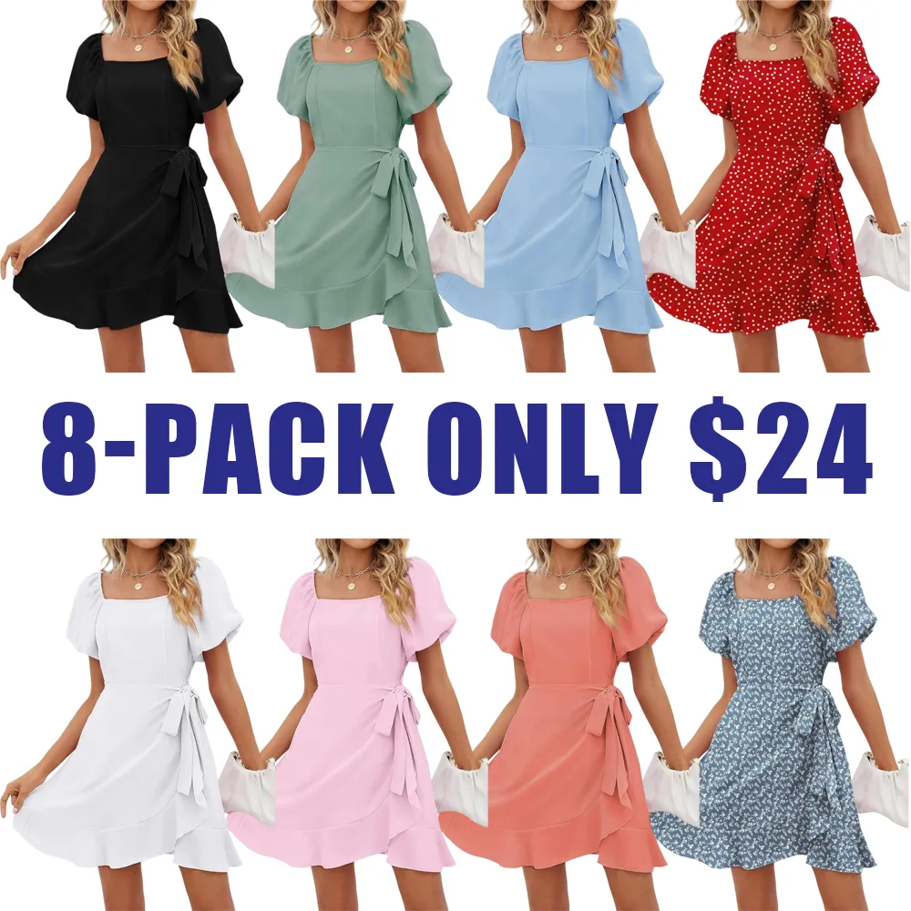 Womens Summer Dresses Square Neck Puff Sleeve Tie Waist Short Dress