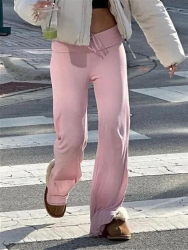 Women's Solid Adjustable Drawstring Waist Straight Leg Pants, Minimalist Flattering Pants for Women, Fashion Casual Chic Fitted Drop Waist Trousers for Daily Outdoor Casual Wear