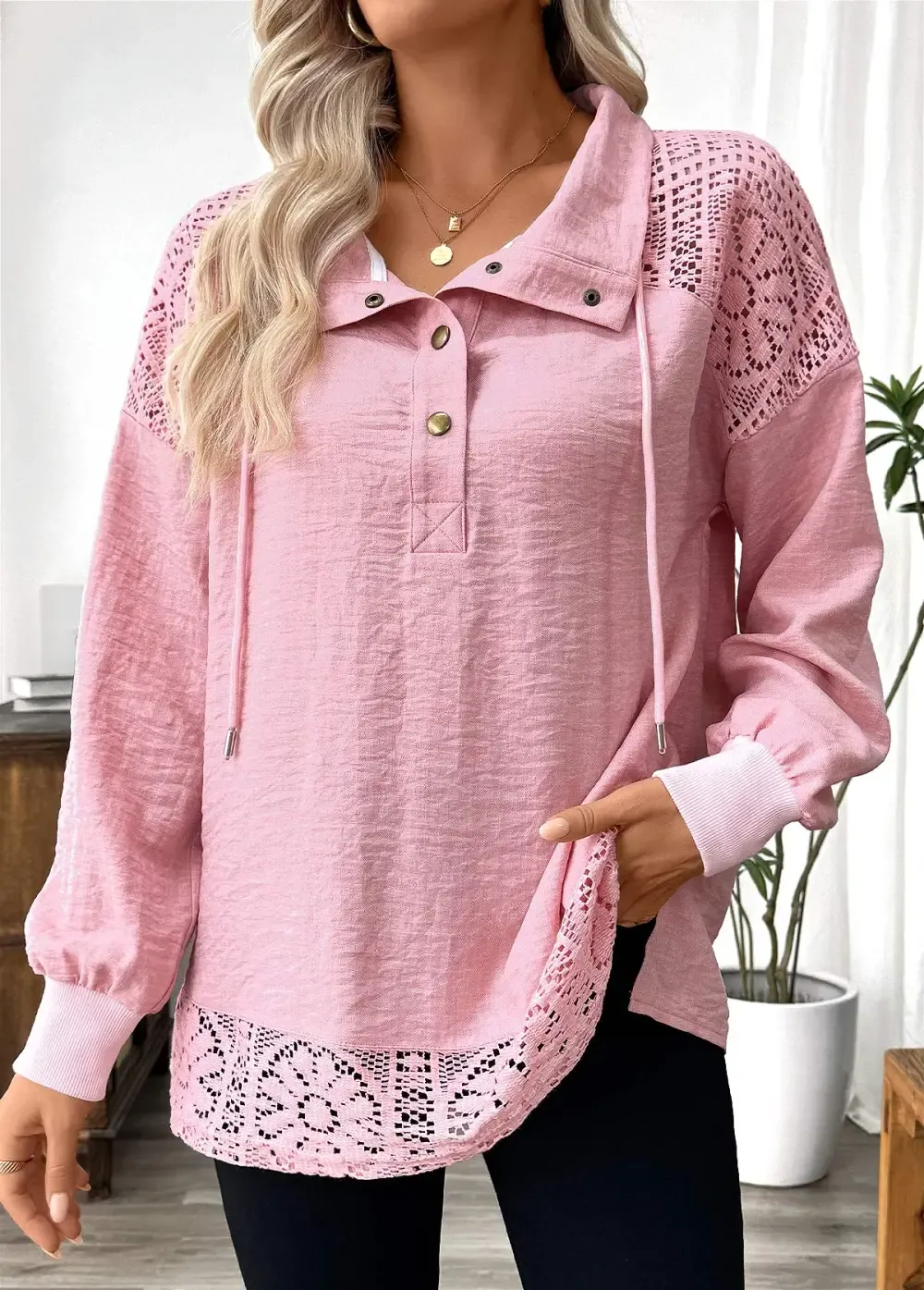 Pink Tummy Coverage Long Sleeve Stand Collar Sweatshirt