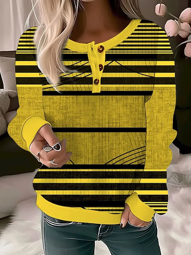 Women's Sweatshirt Pullover Basic Button White Yellow Red Geometric Casual Sports Round Neck Long Sleeve Top Micro-elastic Fall & Winter