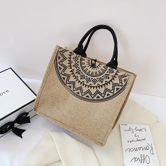 Women's Handbag Tote Linen Shopping Daily Buckle Large Capacity Foldable Lightweight Solid Color Folk khaki