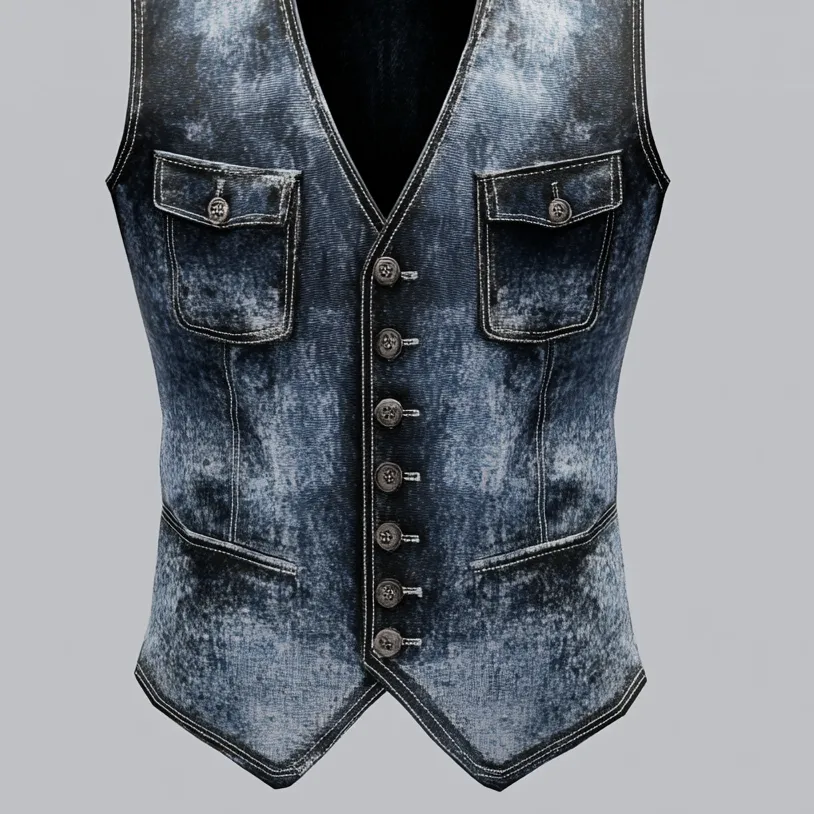 Men's Casual V Neck Single Breasted Distressed Denim Vest