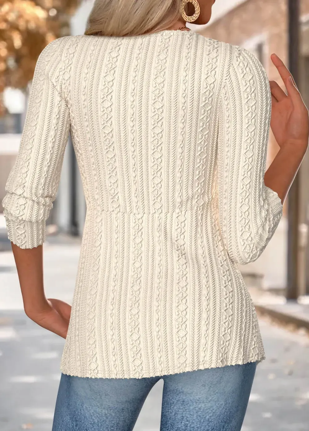 Beige 3/4 Sleeve V Neck T Shirt