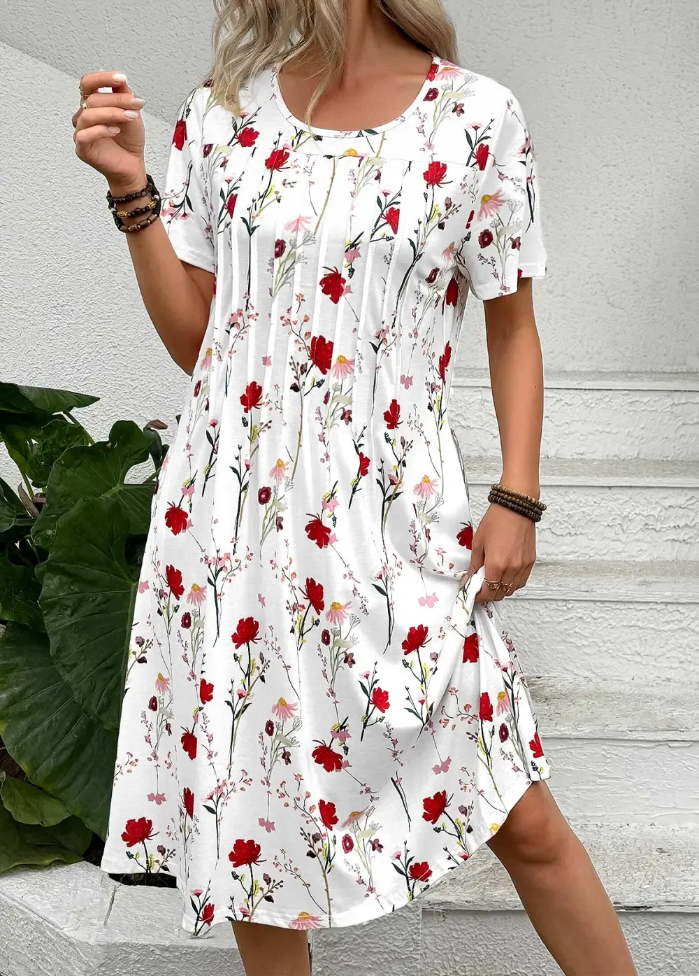White Tuck Stitch Floral Print A Line Dress