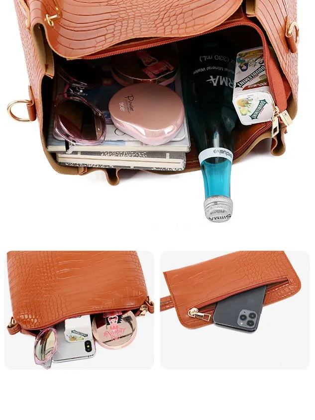 4pcs/set Large Capacity Crocodile Embossed Handbag Commuting Tote Bag with Crossbody Strap