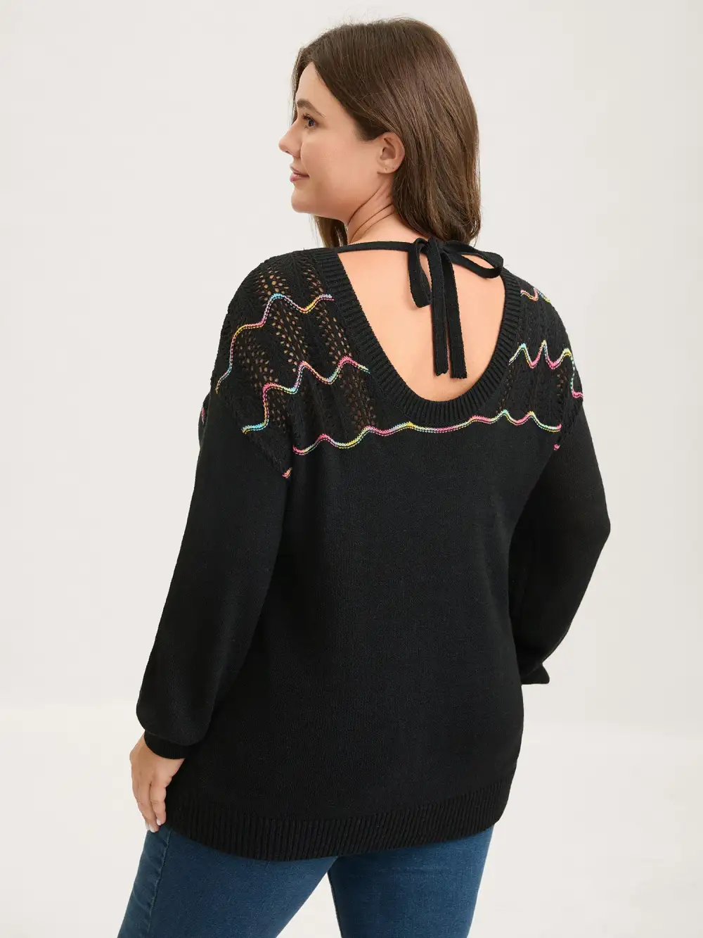 Ripple Textured Sheer Neck Backless Pullover