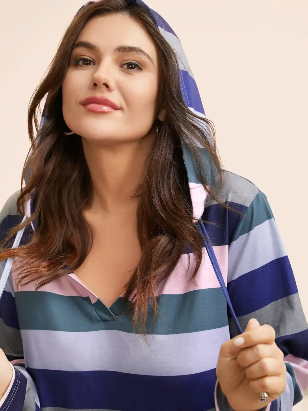 Contrast Striped Hooded Drawstring T-Shirt