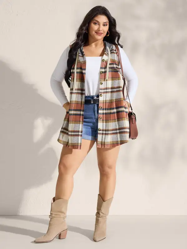 Plaid Print Color Contrast Hooded Vest