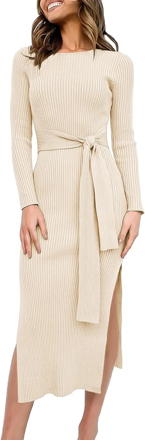 Long Sleeve Sweater Dress Crew Neck Slim Fit Slit Tie Waist 2024 Ribbed Knit Bodycon Midi Dress Fall Outfits