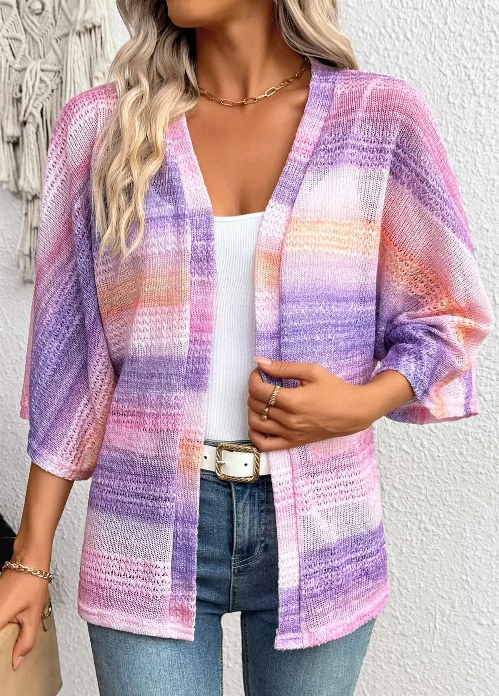 Purple Ombre 3/4 Sleeve V Neck Topper