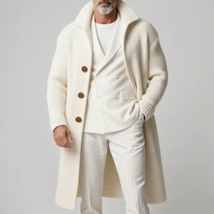 Men's Off White Ribbed Knit Turndown Collar Long Sleeve Button Mid-Length Sweater Overcoat