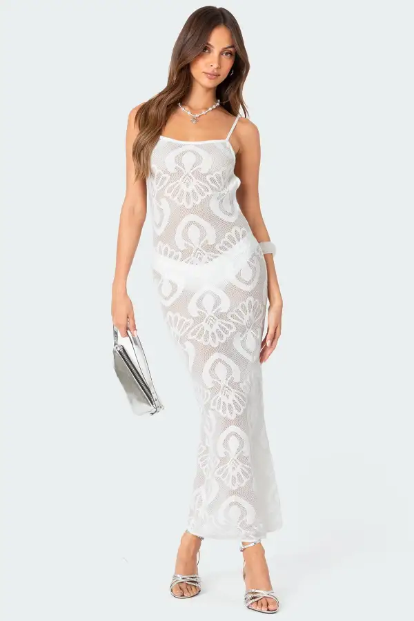 Embroidered Backless Sheer Knit Maxi Dress
