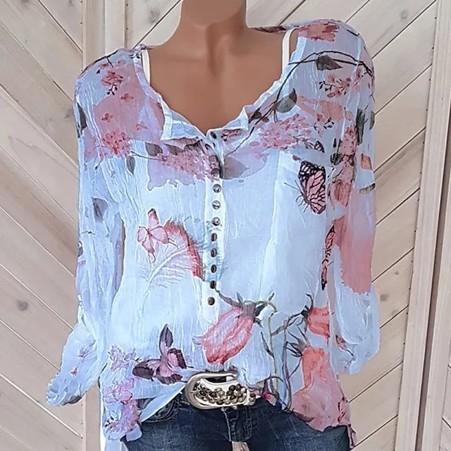 Women's Shirt Blouse Floral Button Print Daily Going out Weekend Streetwear Holiday Casual Long Sleeve Shirt Collar White Summer Spring