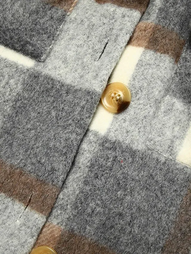 Women's Wool Blend Coat Winter Plaid Shacket Jacket Fall Long Pea Coat with Pockets Single Breasted Over Coat Trench Coat Gray Khaki Brown Modern Street S M L XL XXL / Winter