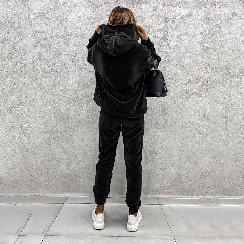 Women's solid color hooded sports casual suit