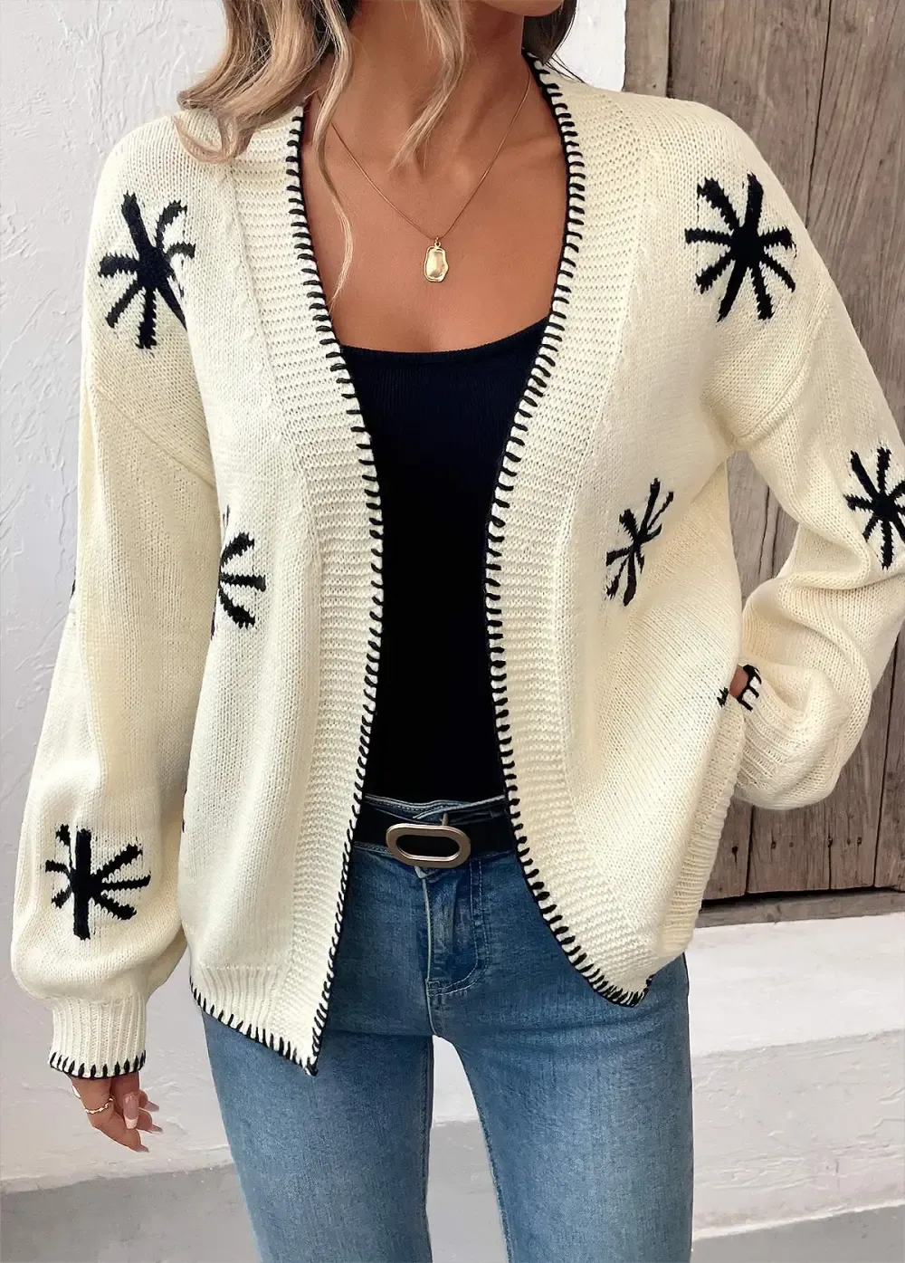Beige Geometric Print Long Sleeve Cardigan