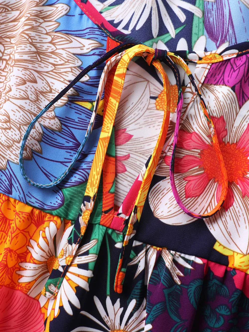 Large Floral Print Neck Tie Midi Dress