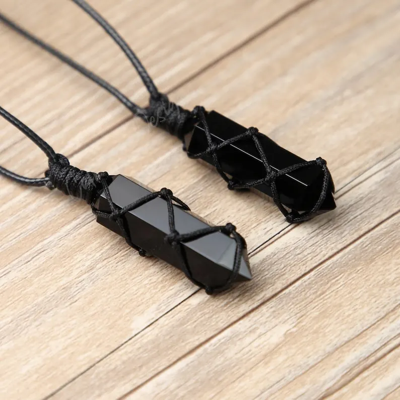Black Obsidian Pendant Necklace-Obsidian Stone Hexagon Point Wrapped Necklace for Men-Obsidian Healing Crystal Necklace for Women