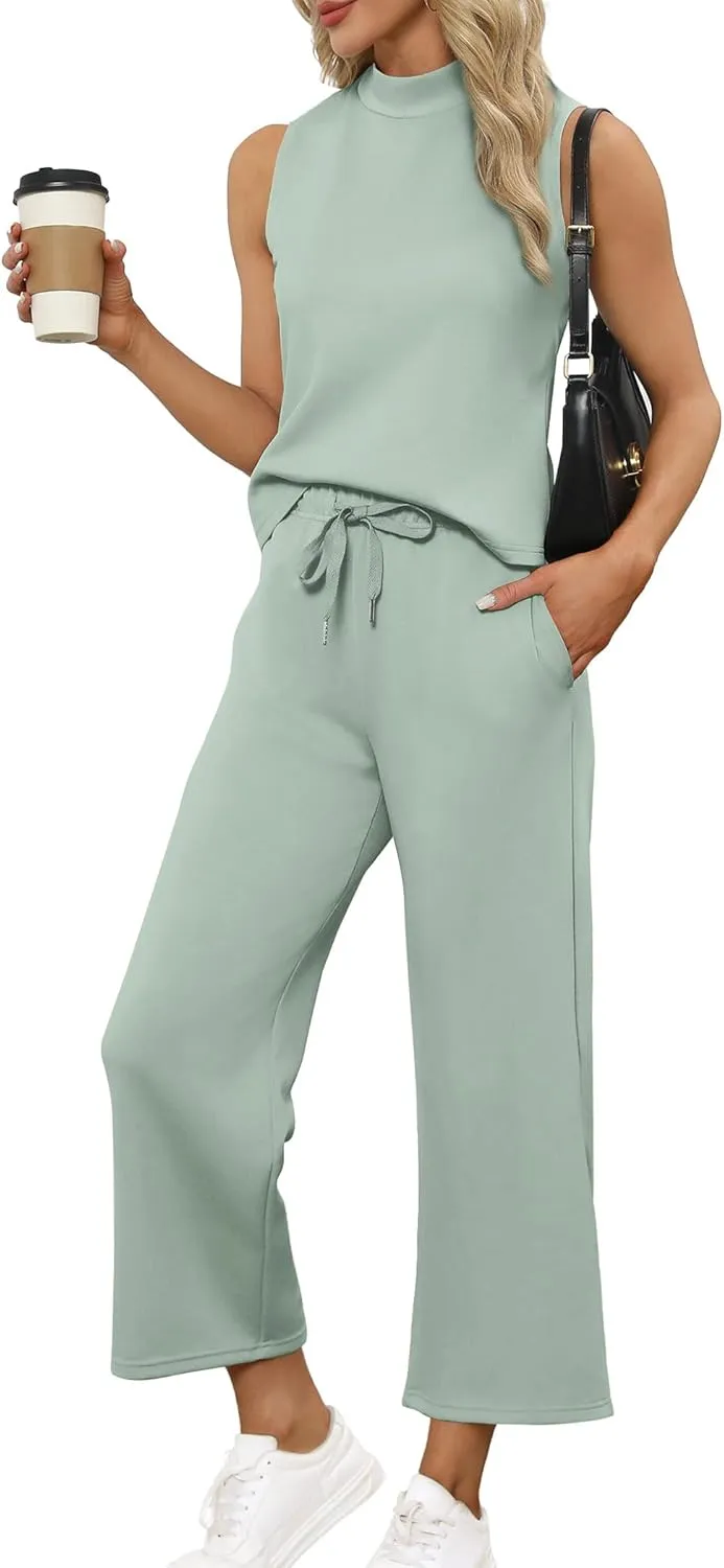 Two Piece Sets for Women Summer Outfits Lounge Sets Mock Neck Tops Wide Leg Crop Pants Vacation Travel Outfits
