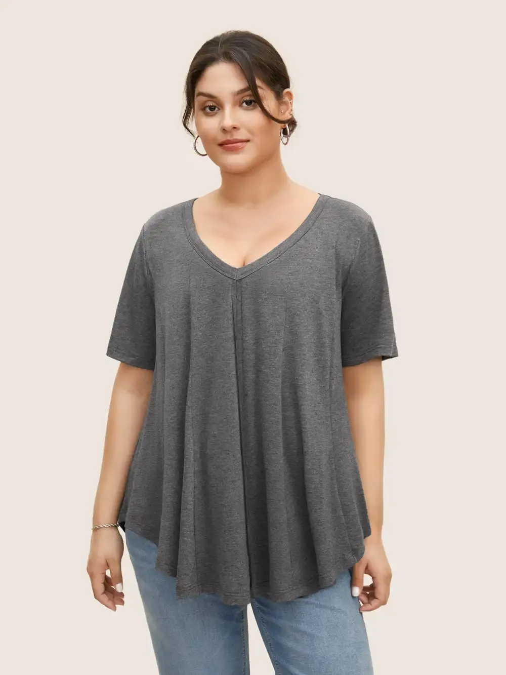 Solid Heather V Neck Curved Hem T-Shirt