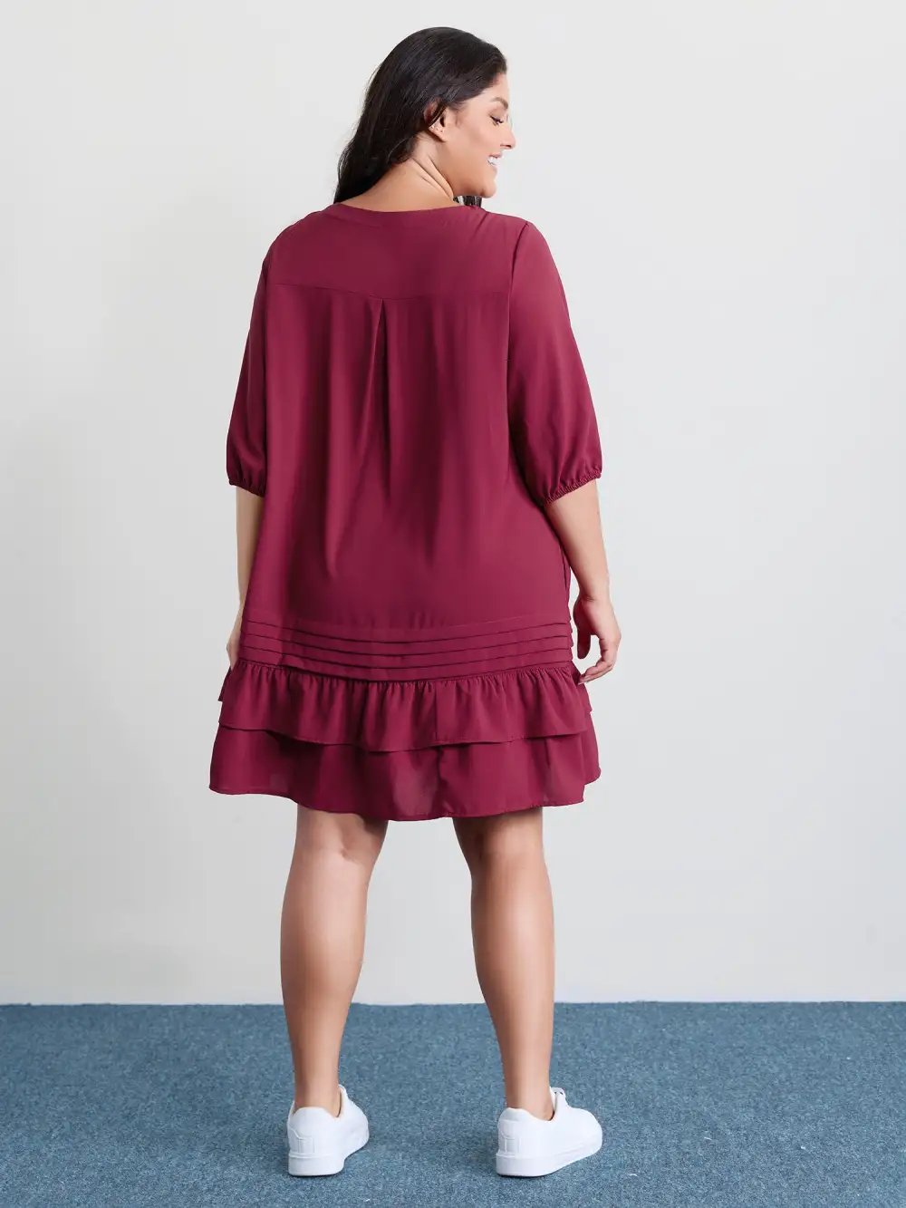 Stretchy Waist Tiered Tie Knee-Length Dress