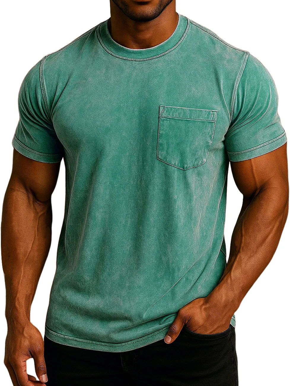 Men's Fashion Washed And Distressed Cotton Retro Pocket Casual T-shirt