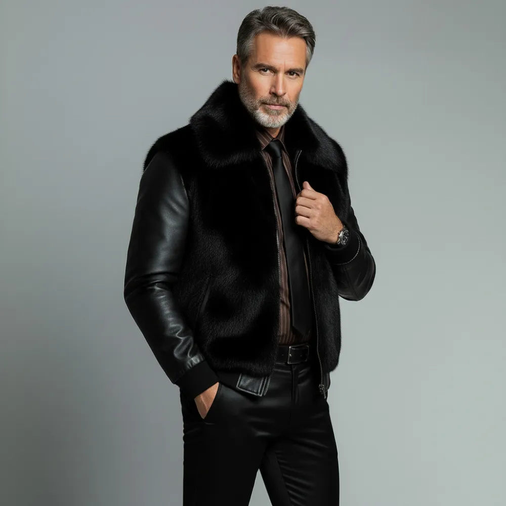 Men's Black Artificial Fur Lapel Patchwork PU Long Sleeve Zipper Jacket