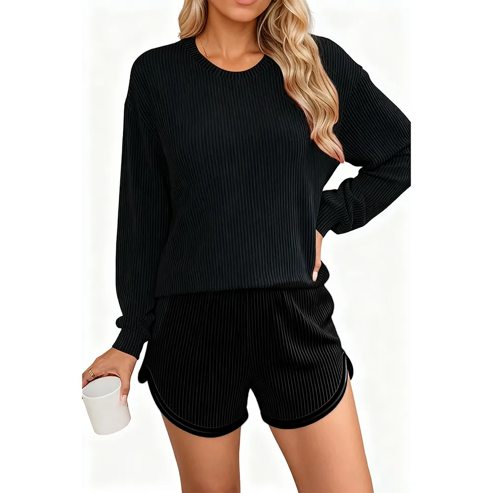 Women’s Ribbed Pajama Sets Long Sleeve Top and Shorts