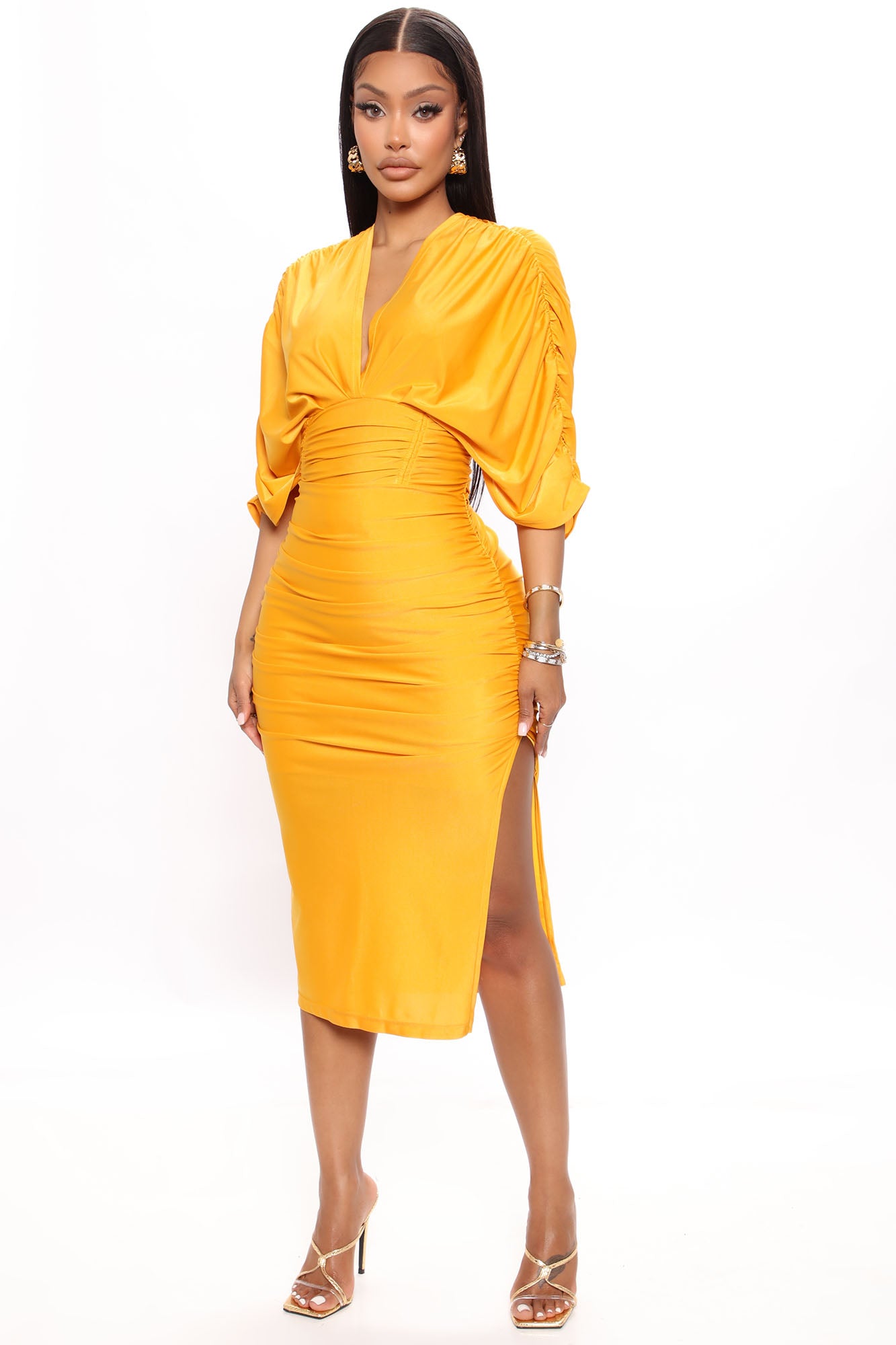 Mandy Ruched Midi Dress - Mustard