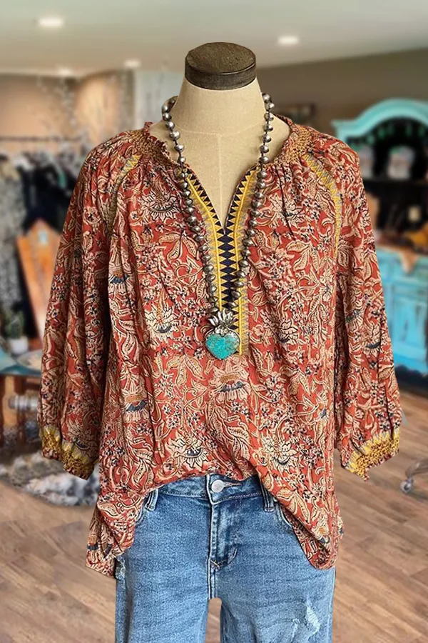 Floral Print V-Neck Flared Sleeve Blouse