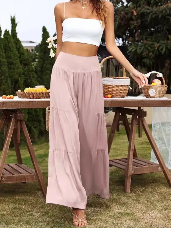 women's casual wide leg cotton and linen high waist trousers