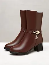 Women's Black Faux Leather Fur-Lined Mid-Calf Winter Boots with Star Charm and Block Heels – Elegant and Warm Footwear for Cold Weather