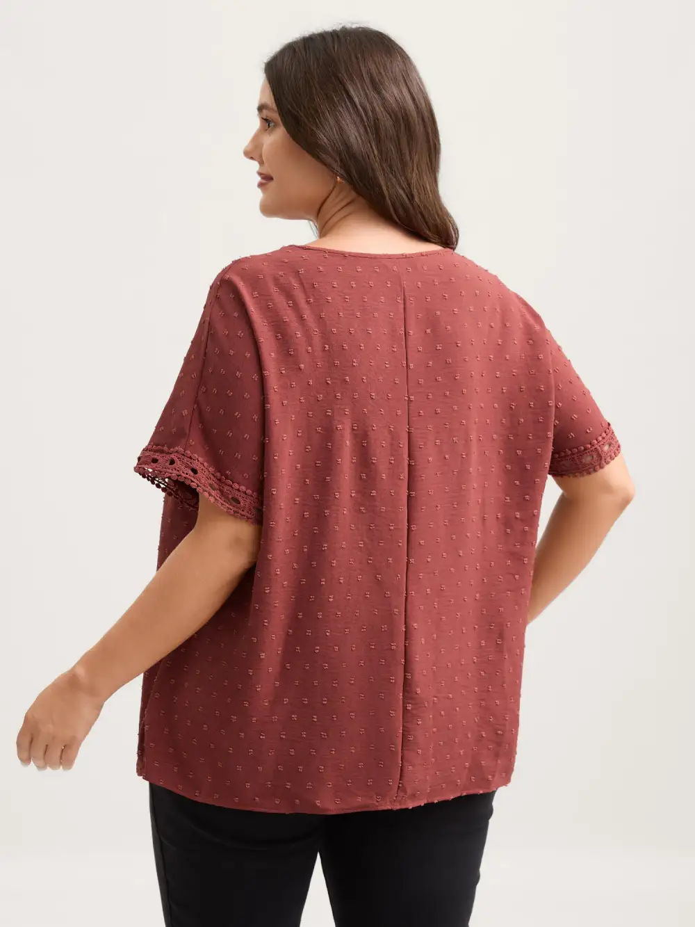 Textured Lace Trim Solid Blouse