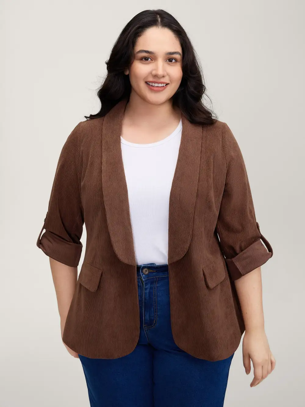 Corduroy Gathered Sleeve Ribbed Collar Blazer