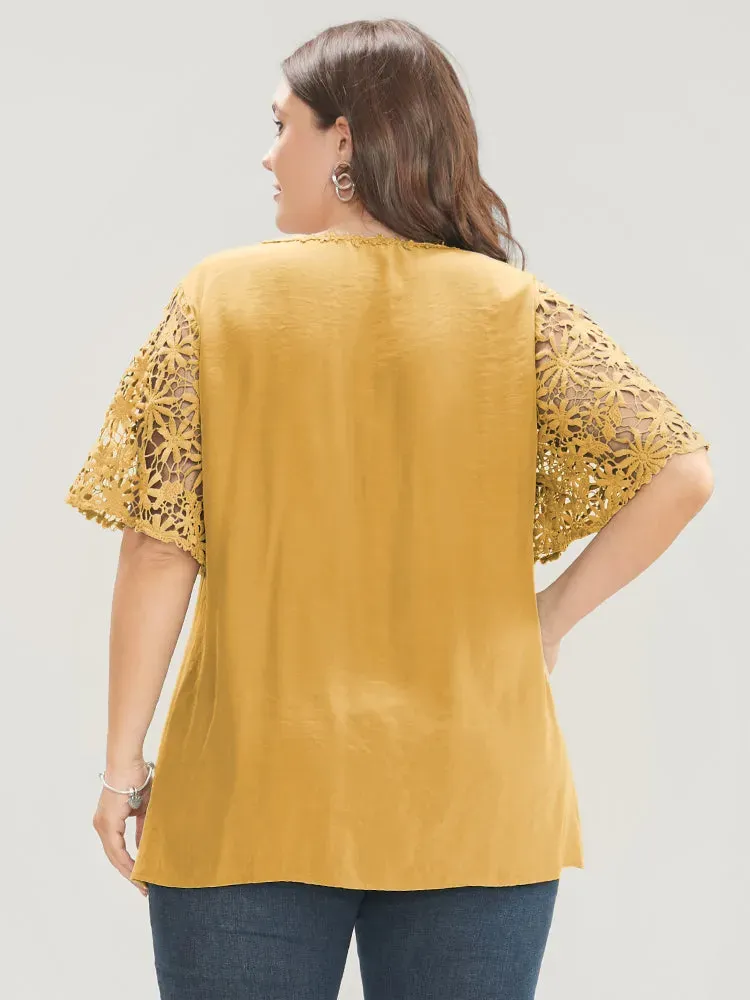 Plain V Neck Floral Patchwork Blouse