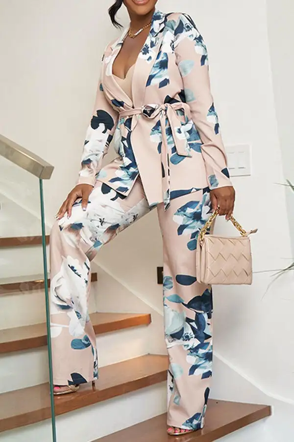 Floral Print Feminine Belted Pant Suit