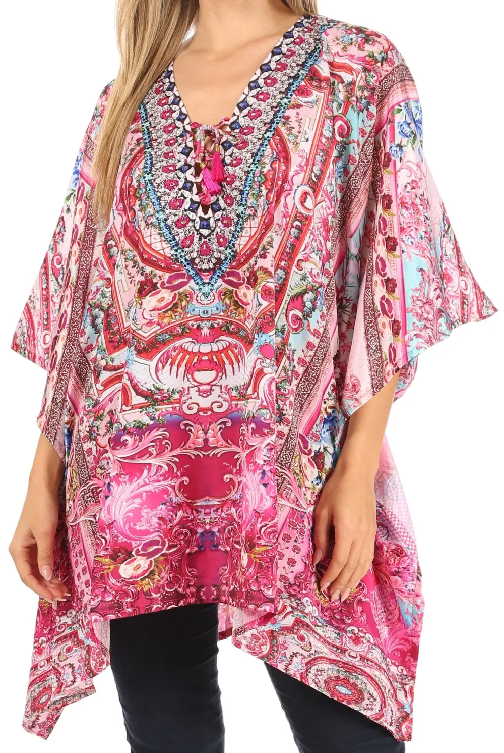 Women's Caftan Poncho Cover up V neck Top Lace up With Rhinestone
