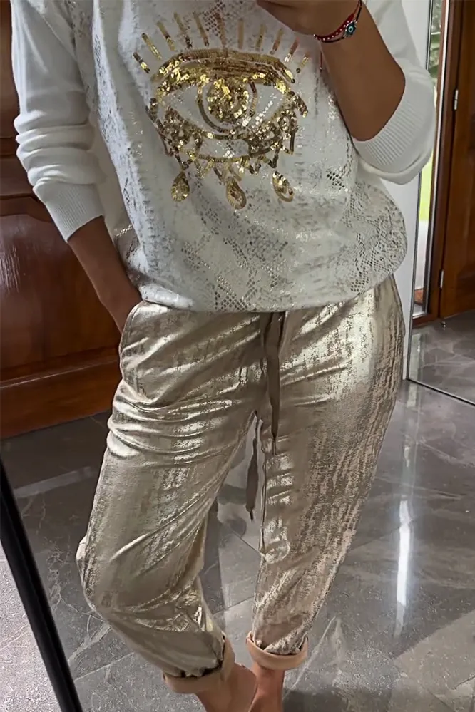 Women's fashionable sequin embroidered eye top & bronzing trousers two-piece set
