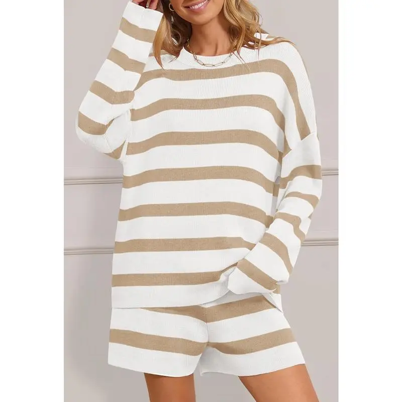 Women's 2 Piece Sweater Lounge Sets Striped Long Sleeve Shorts Oversized Matching Outfits