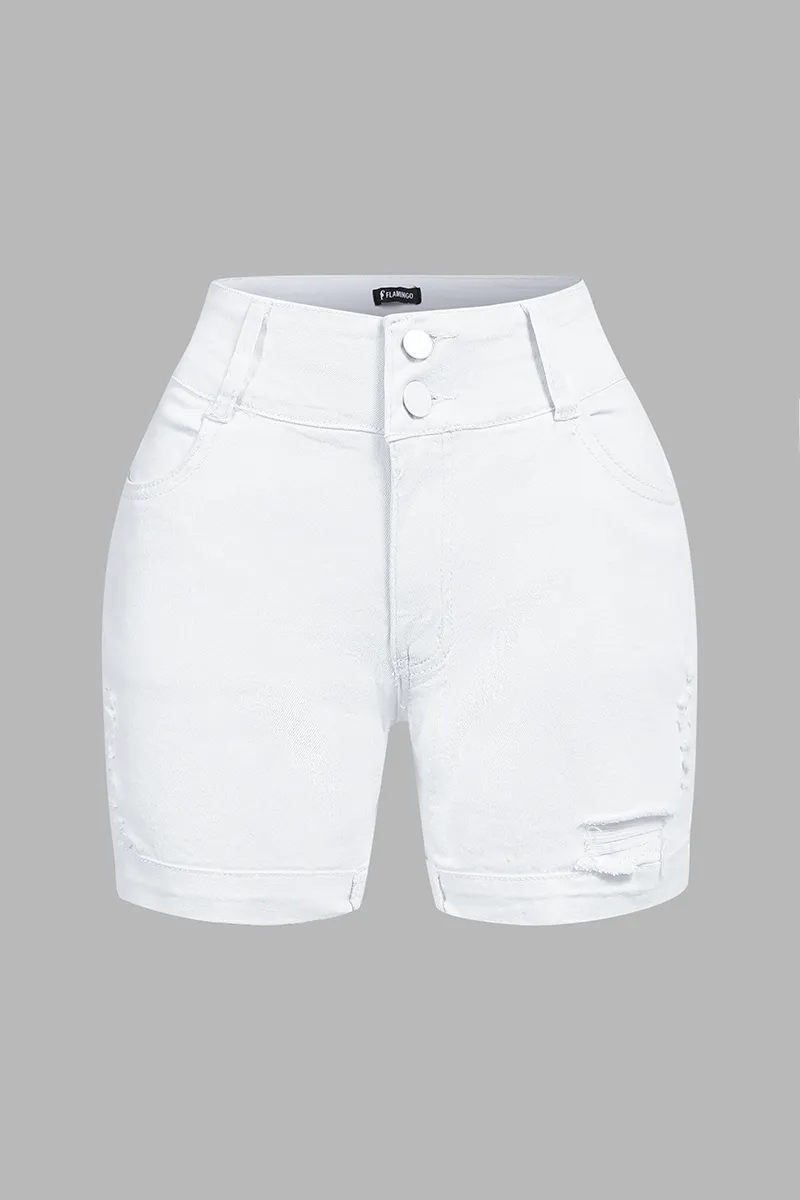 Double Button Ripped Mid Waist Denim Shorts
