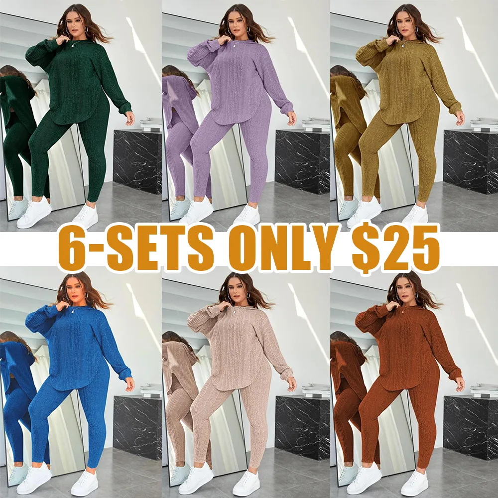 【Plus Size】 Plain Split Curved Hem Hoodie & Leggings Lounge Two-piece Set, Casual Fashion Cozy Breathable Two Piece Outfits for Daily Home Wear