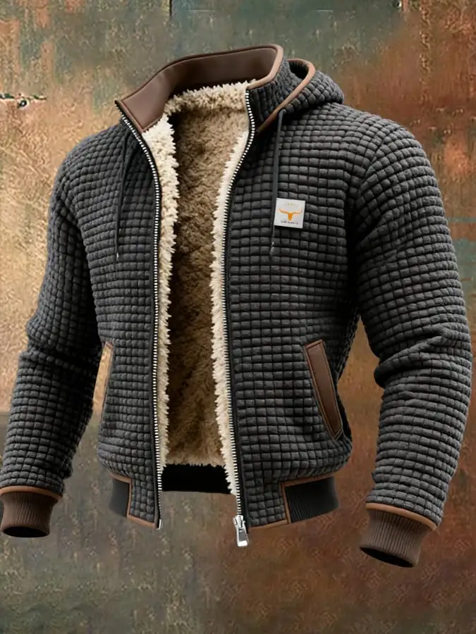 Men's Retro Textured Square Check Double Collar Warm Multi-pocket Outdoor Jacket